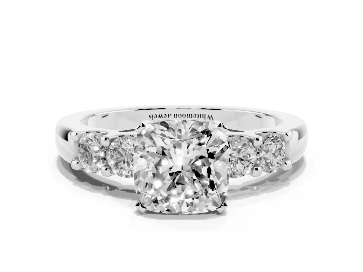 Cushion Cut Brilliant Cut Diamond Five-Stone Prong Set Engagement Ring with Channel Band Silver