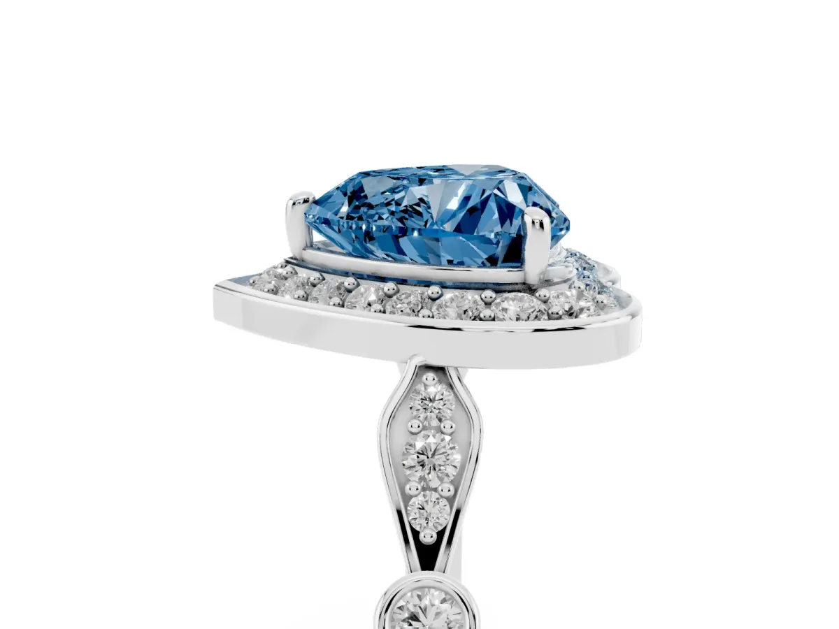 Fancy Blue Heart Cut Halo Diamond Engagement Ring with Twisted Band and Four-Prong Setting Platinum