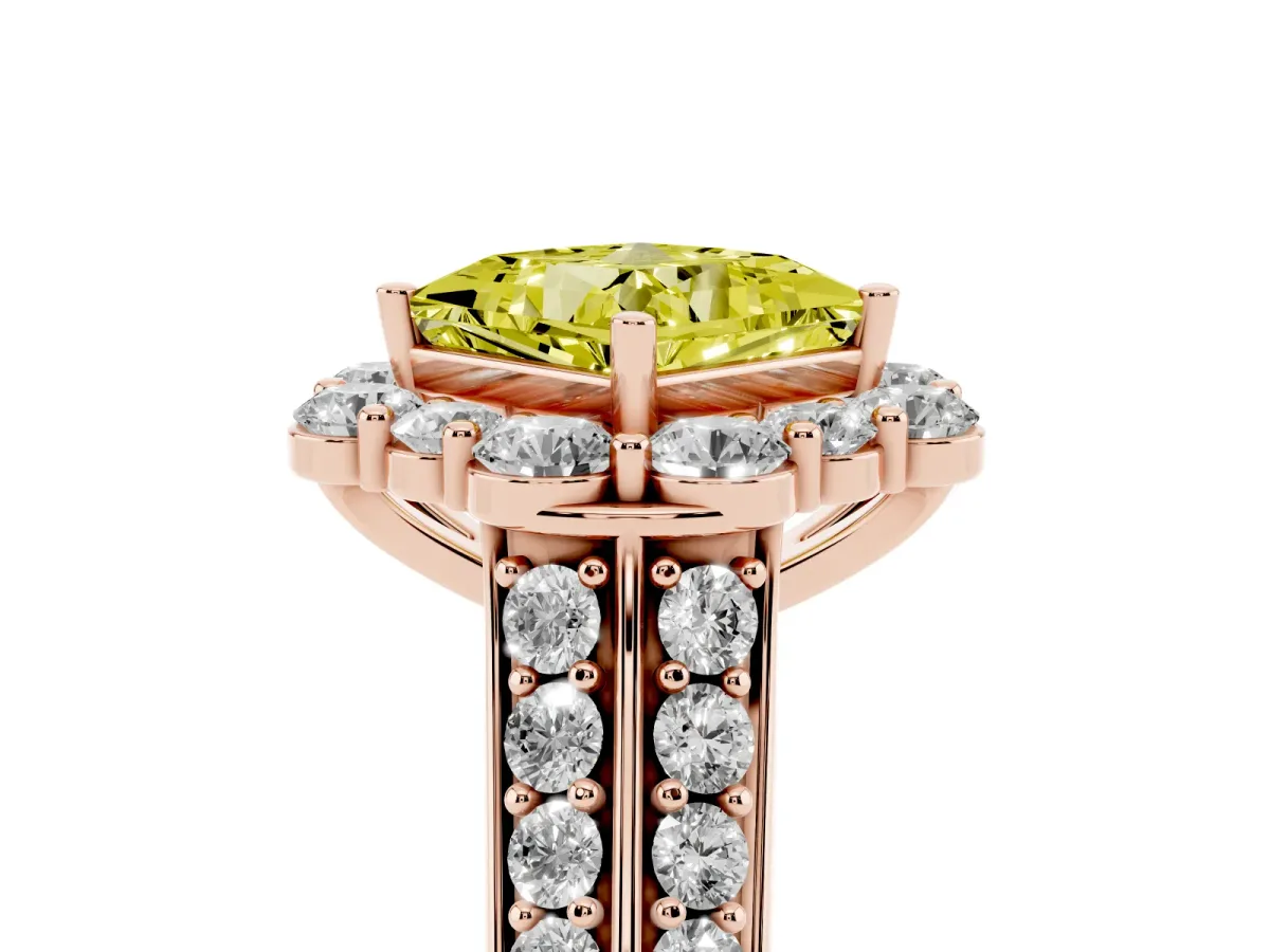 Fancy Yellow Princess Cut Halo Diamond Engagement Ring with Split Shank and Prong Setting Rose gold