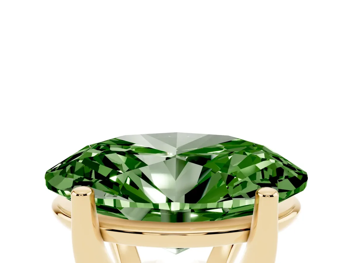 Fancy Green Oval Cut Cut Diamond Solitaire Engagement Ring with Tapered Plain Band and Four-Prong Setting Yellow gold