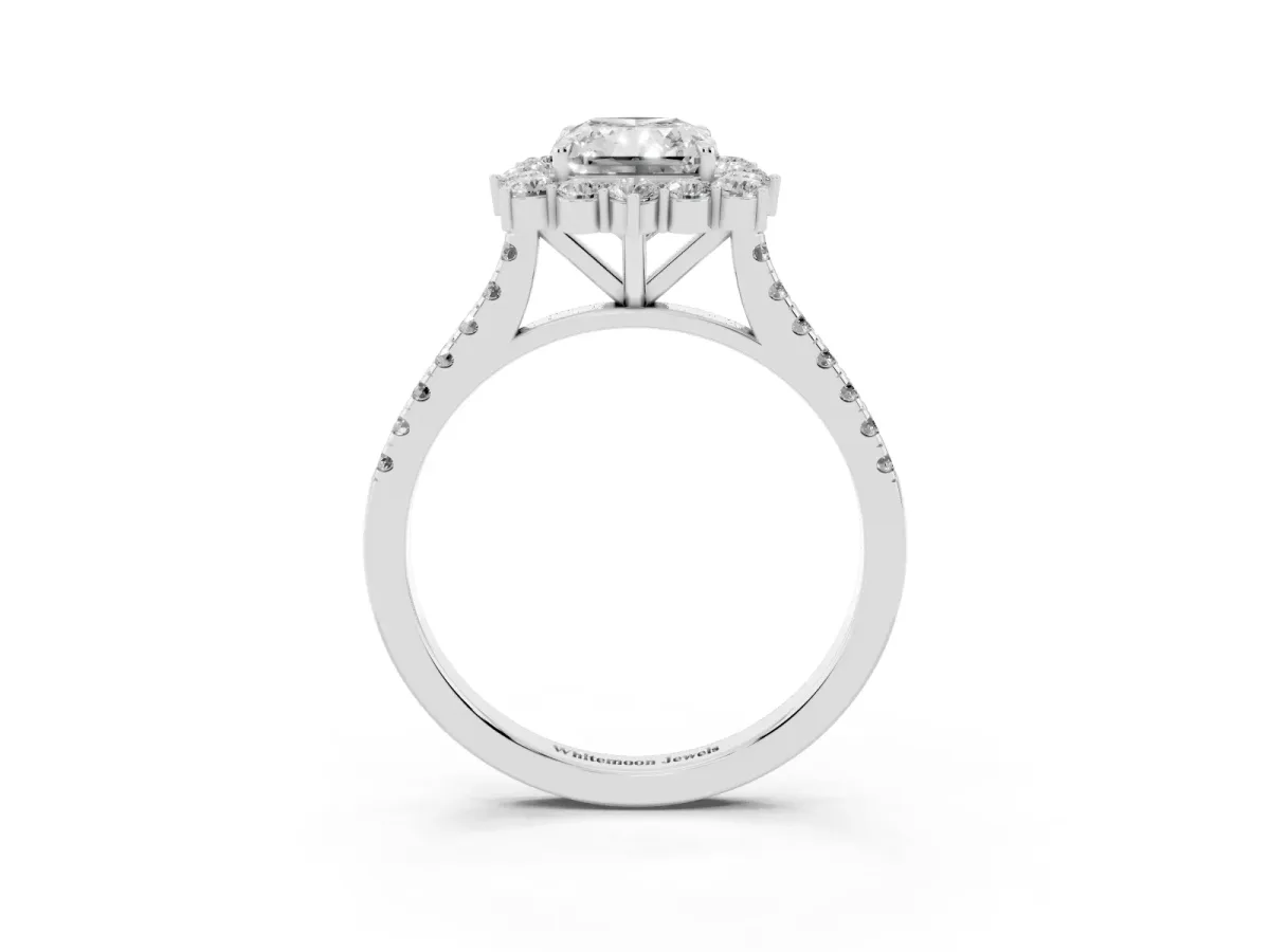 Radiant Cut Halo Diamond Ring with Pavé Band and Prong Setting Platinum