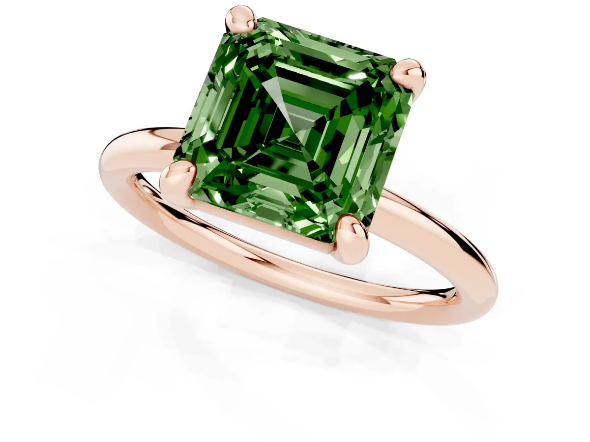 Fancy Green Asscher Cut Solitaire Diamond Ring with Four-Prong Setting on a Plain Band Rose gold