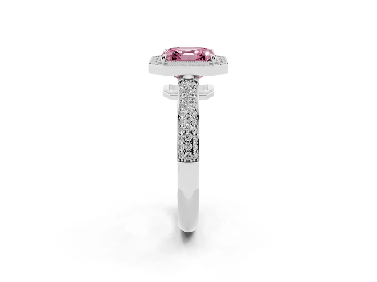 Fancy Pink Asscher Cut Cut Halo Diamond Pave Band with Four-Prong Setting Silver