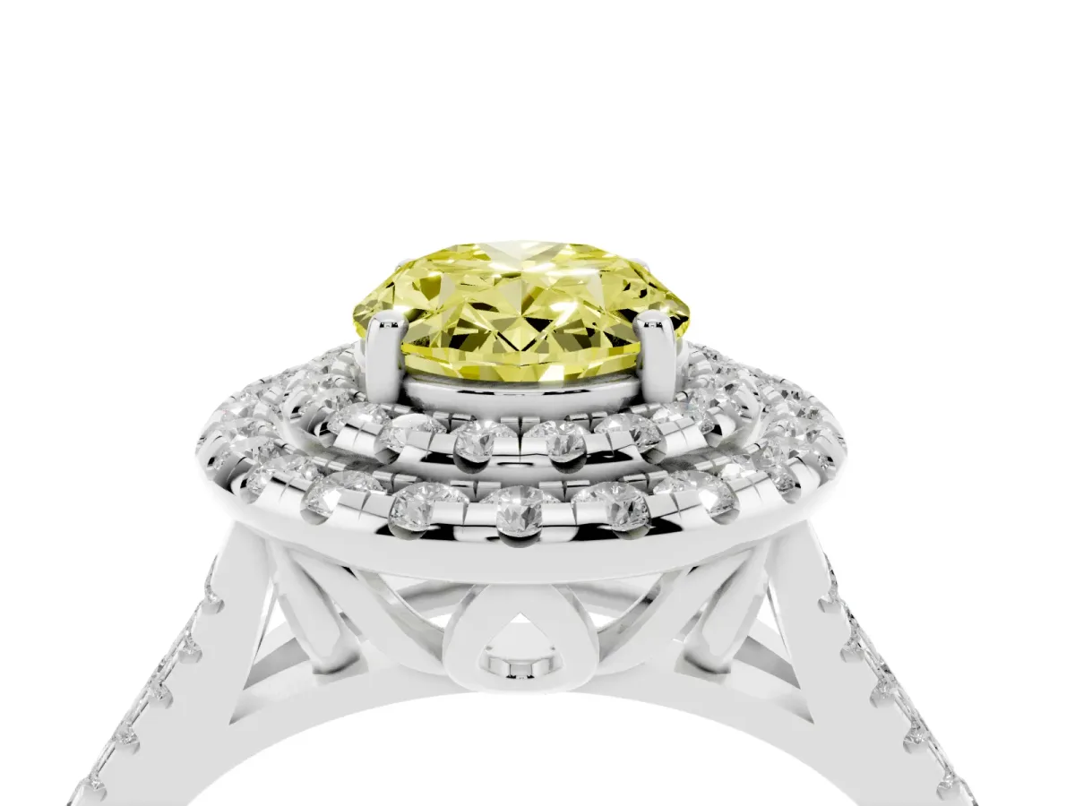 Fancy Yellow Double Halo Oval Cut Diamond Pavé Split Shank Ring with Prong Setting Platinum