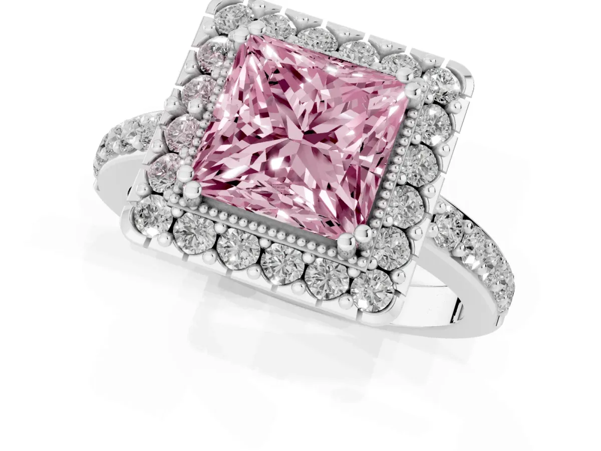 Fancy Pink Princess Cut Diamond Halo Ring with Pavé Band and Prong Setting Silver