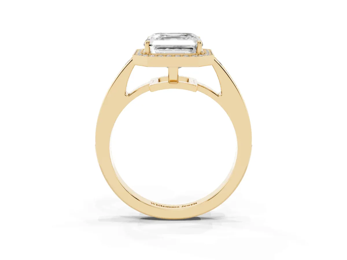 Asscher Cut Halo Pavé Diamond Engagement Ring with Bezel Setting Yellow gold