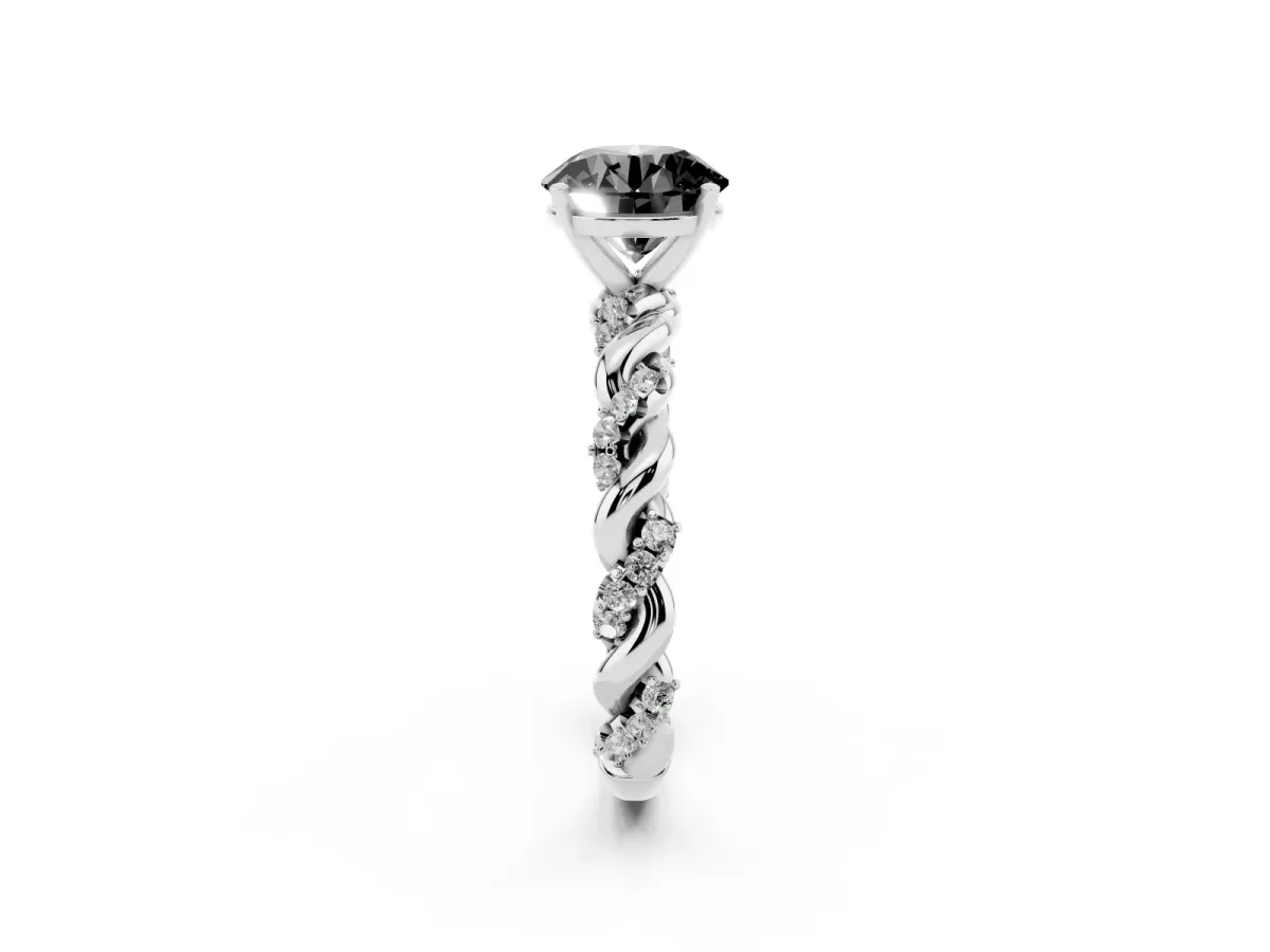 Fancy Black Round Cut Diamond Solitaire Ring with Twisted Band and Pavé Accents Platinum