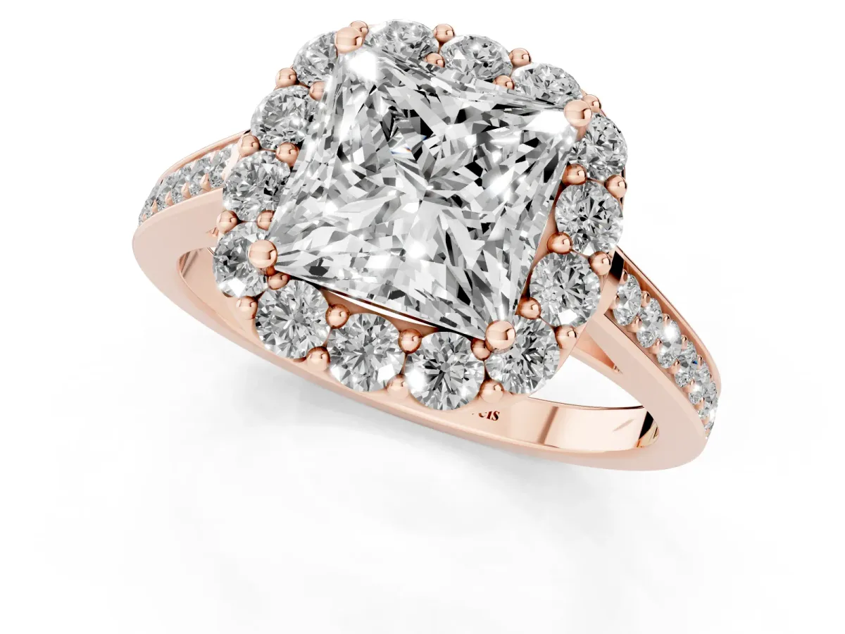 Princess Cut Diamond Floral Halo Ring with Pavé Band and Prong Setting Rose gold