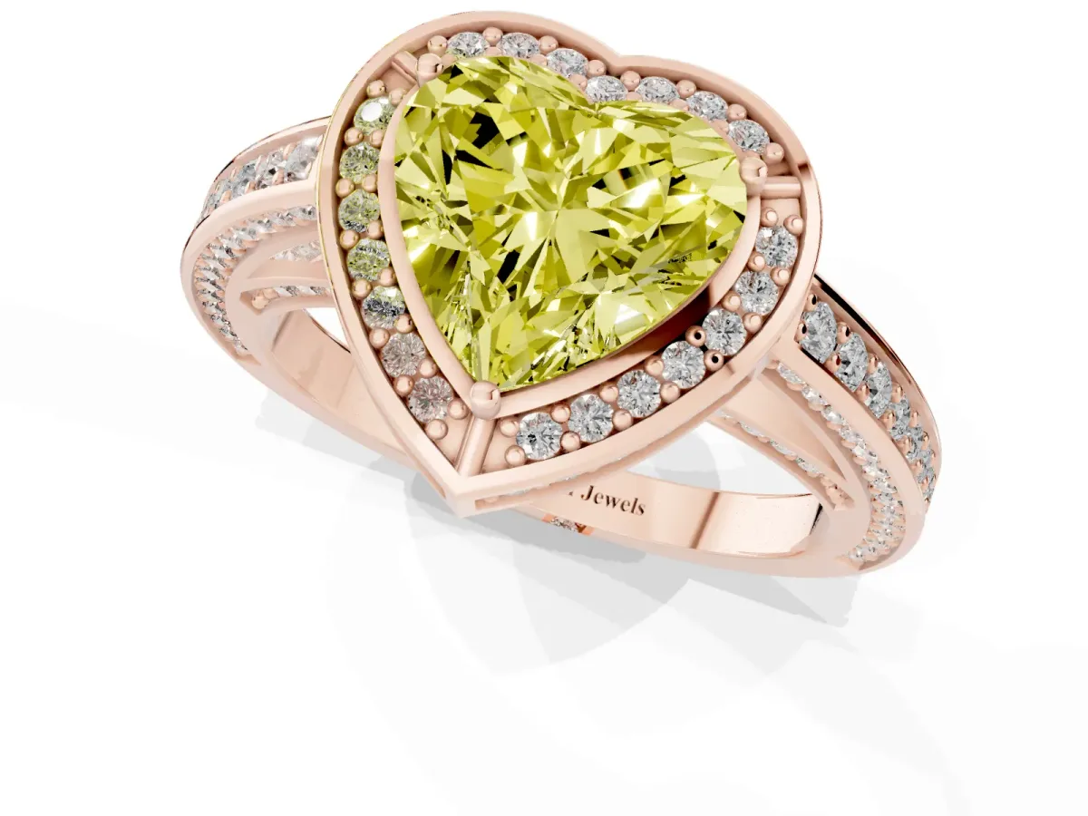 Fancy Yellow Heart Cut Cut Halo Pave Split Shank Prong Setting Ring Rose gold