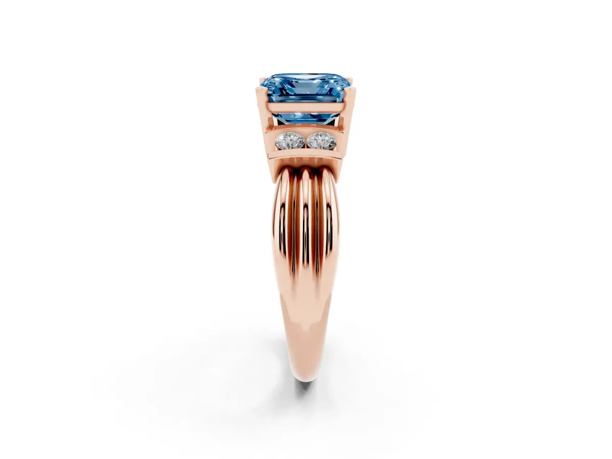 Fancy Blue Asscher Cut Cut Three-Stone Channel Set Ring with Bar Prongs Rose gold