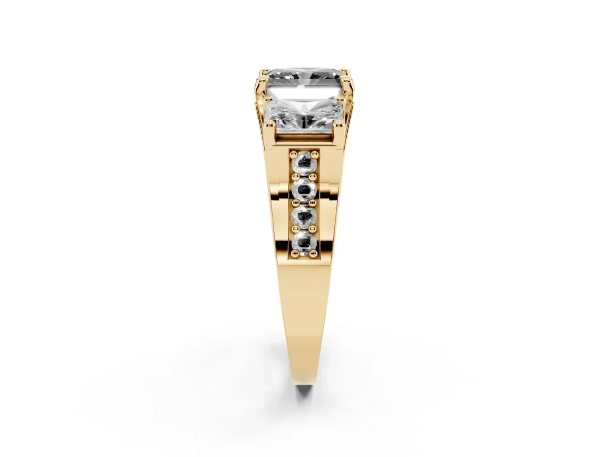 Fancy Black Radiant Cut Diamond Three-Stone Ring with Channel Set Band and Four-Prong Setting Yellow gold