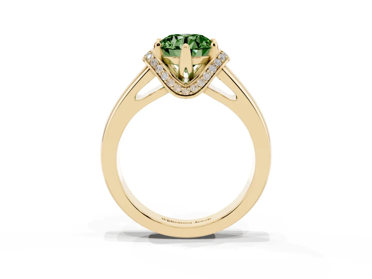 Fancy Green Round Cut Solitaire Diamond Ring with Pave Band and Six-Prong Setting Yellow gold