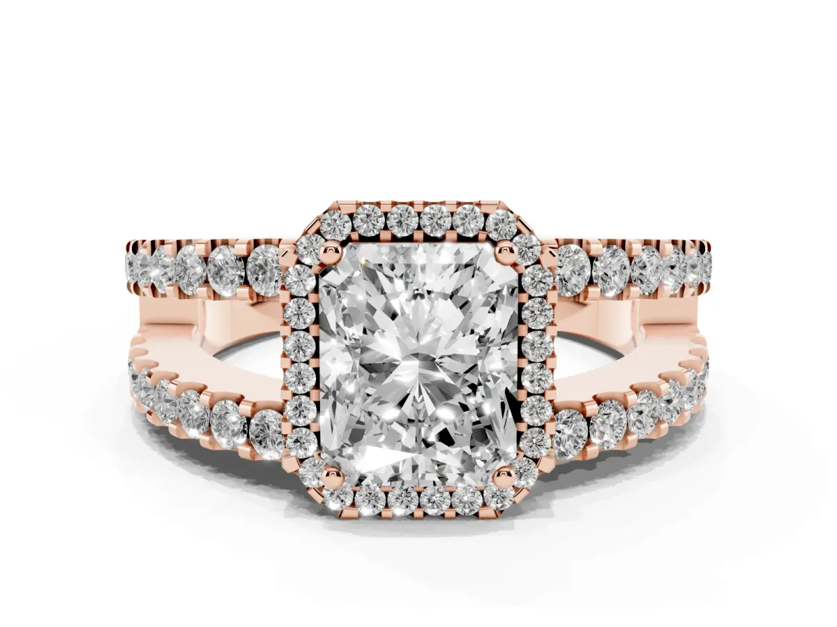 Radiant Cut Cut Halo Split Shank Diamond Ring with Four-Prong Setting Rose gold