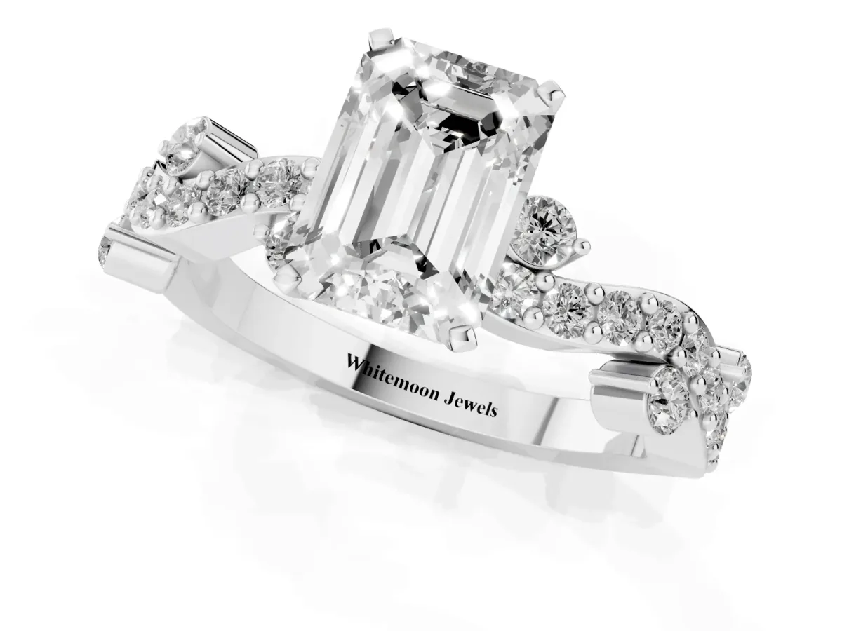 Emerald Cut Cut Solitaire Diamond Twisted Band with Pave Setting White gold