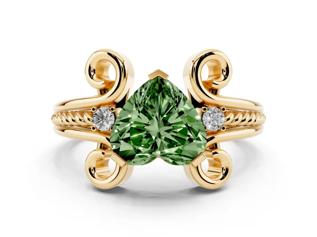 Fancy Green Heart Cut Solitaire Twisted Band Scroll Prong Ring Yellow gold