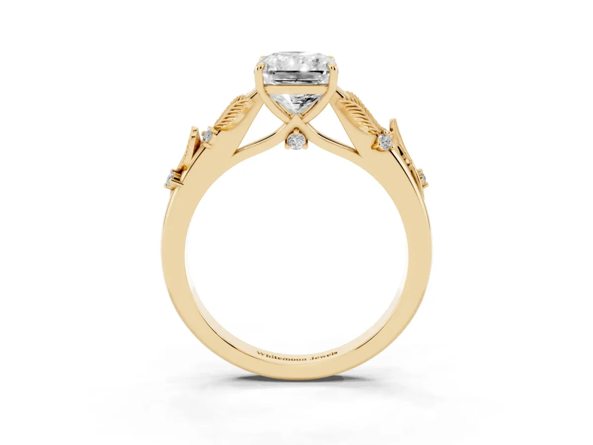 Radiant Cut Diamond Solitaire Ring with Leaf Motif Band and Four-Prong Setting Yellow gold