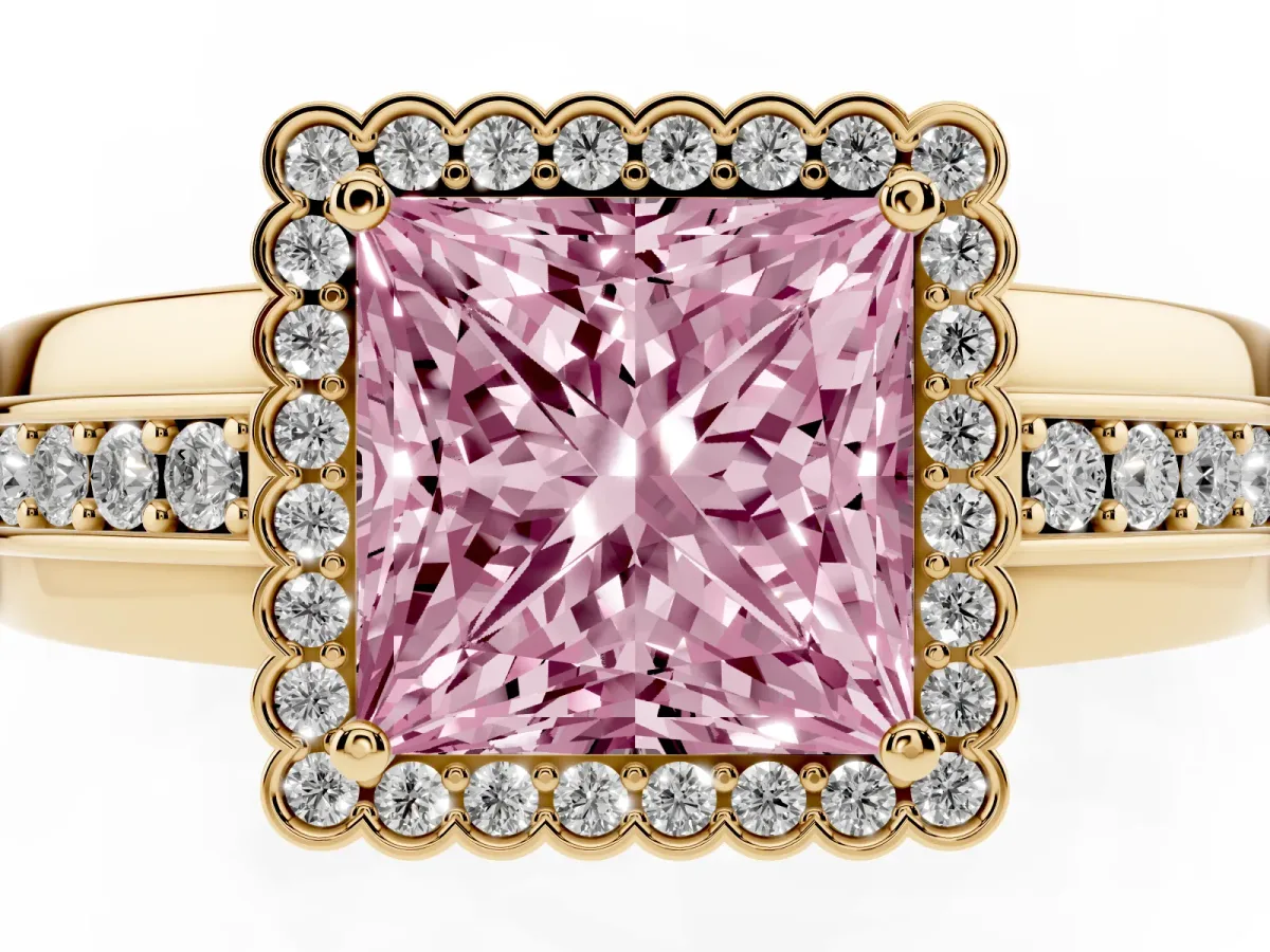Fancy Pink Princess Cut Cut Halo Pave Band Four-Prong Ring Yellow gold