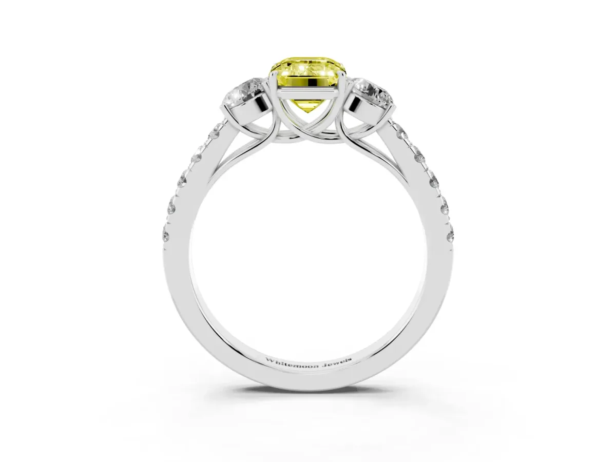 Fancy Yellow Emerald Cut Cut Diamond Three-Stone Ring with Round Side Stones and Pavé Band Silver