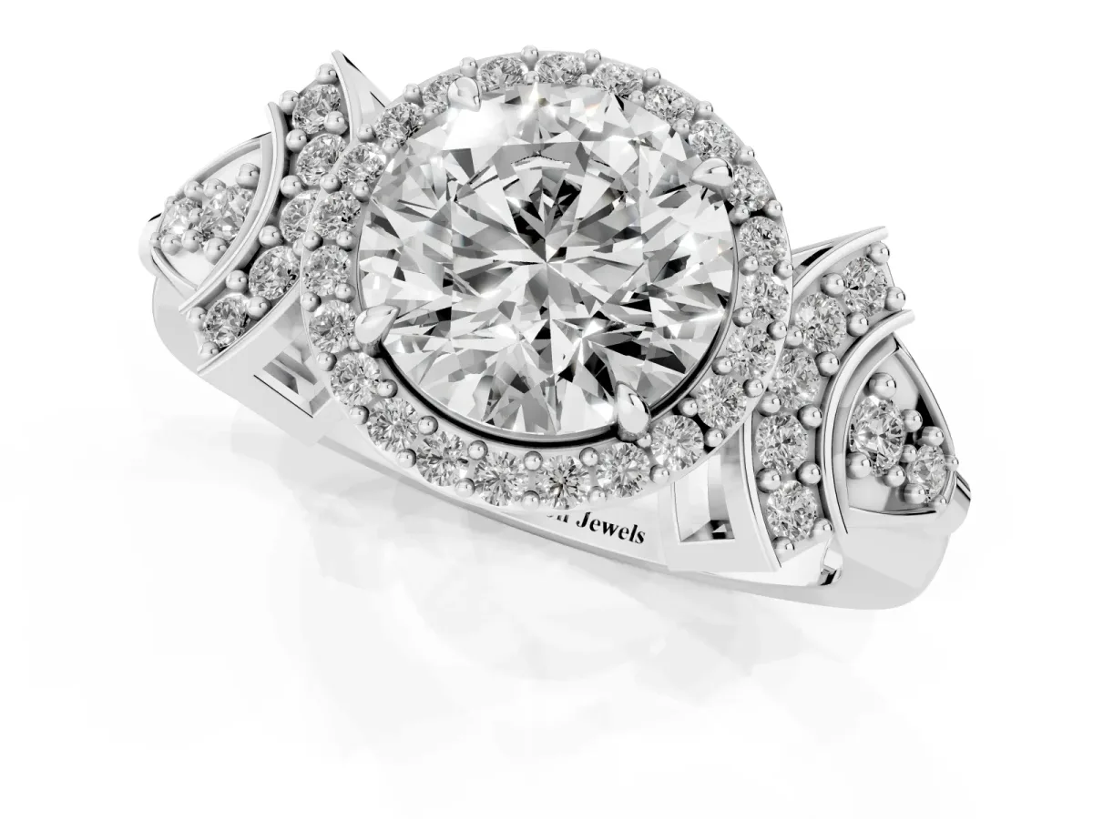 Round Cut Halo Diamond Split Shank Engagement Ring with Four-Prong Setting Silver