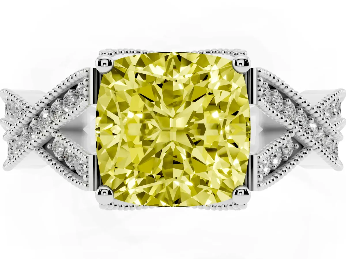 Fancy Yellow Cushion Cut Cut Diamond Twisted Band with Milgrain Pave Setting and Four-Prong Setting White gold