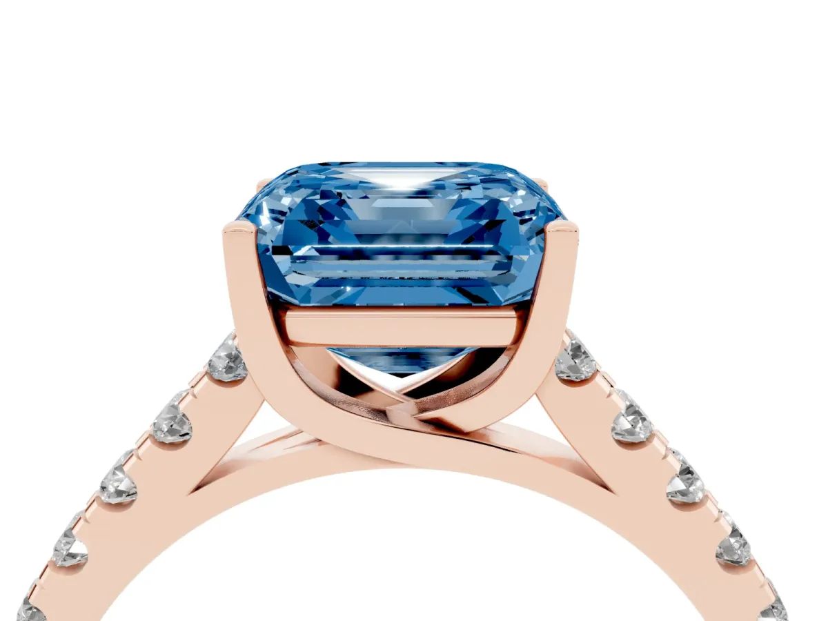 Fancy Blue Asscher Cut Diamond Pavé Band Solitaire Ring with Prong Setting Rose gold