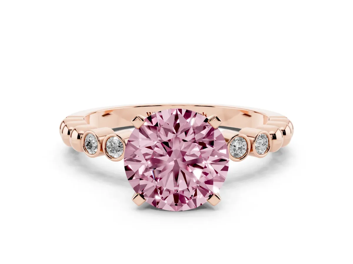 Fancy Pink Round Cut Solitaire Bezel Accent Diamond Engagement Ring with Beaded Band and Four-Prong Setting Rose gold