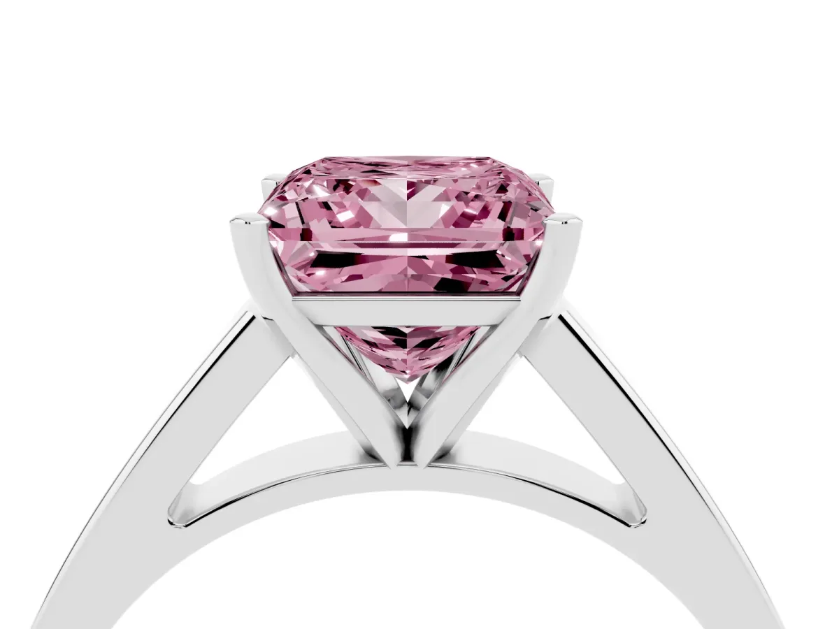 Fancy Pink Princess Cut Solitaire Engagement Ring with Four-Prong Setting and Tapered Band Platinum