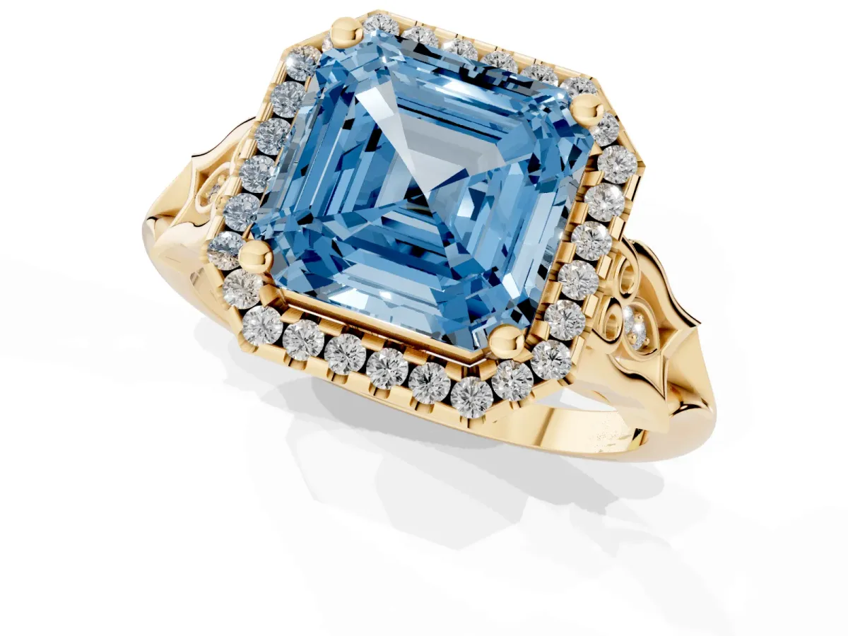 Fancy Blue Asscher Cut Halo Diamond Engagement Ring with Filigree Band and Four-Prong Setting Yellow gold