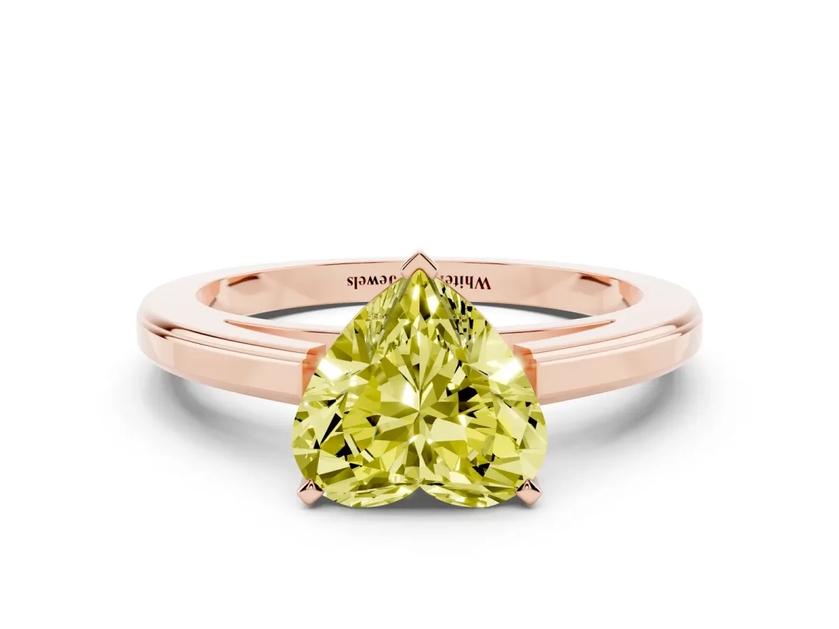 Fancy Yellow Heart Cut Solitaire Diamond Ring with Four-Prong Setting and Classic Band Rose gold