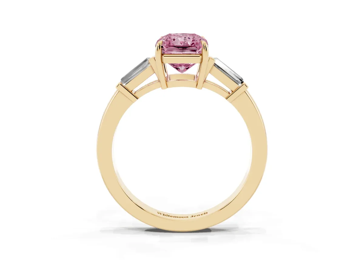 Fancy Pink Radiant Cut Diamond Three-Stone Ring with Tapered Baguette Side Stones and Prong Setting Yellow gold