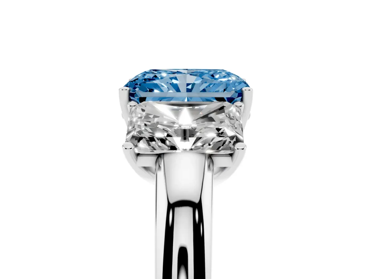 Fancy Blue Radiant Cut Diamond Three-Stone Ring with Four-Prong Setting and Classic Band Silver