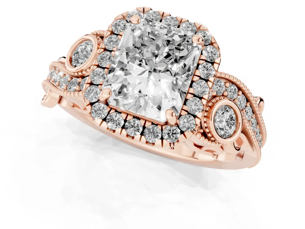 Radiant Cut Halo Diamond Ring with Milgrain and Bezel Accents on a Split Shank Band Rose gold