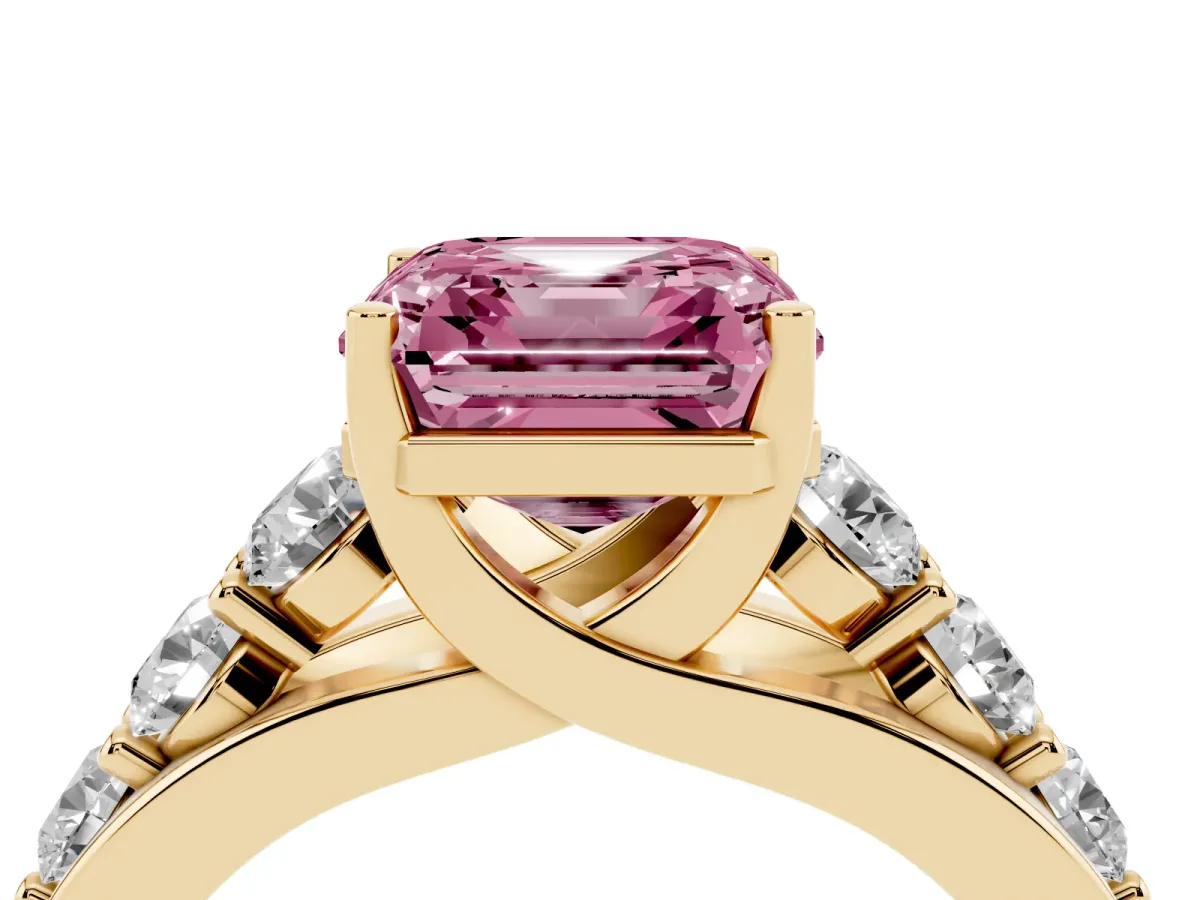 Fancy Pink Asscher Cut Diamond Engagement Ring with Pavé Band and Four-Prong Setting Yellow gold