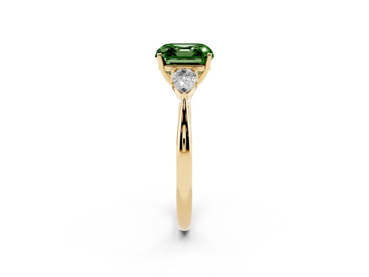 Fancy Green Asscher Cut Diamond Three-Stone Ring with Pear Side Stones and Prong Setting Yellow gold