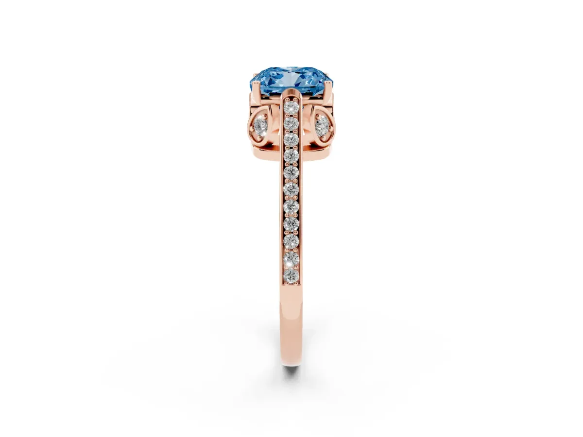 Fancy Blue Cushion Cut Cut Cathedral Pave Diamond Engagement Ring with Six-Prong Setting Rose gold