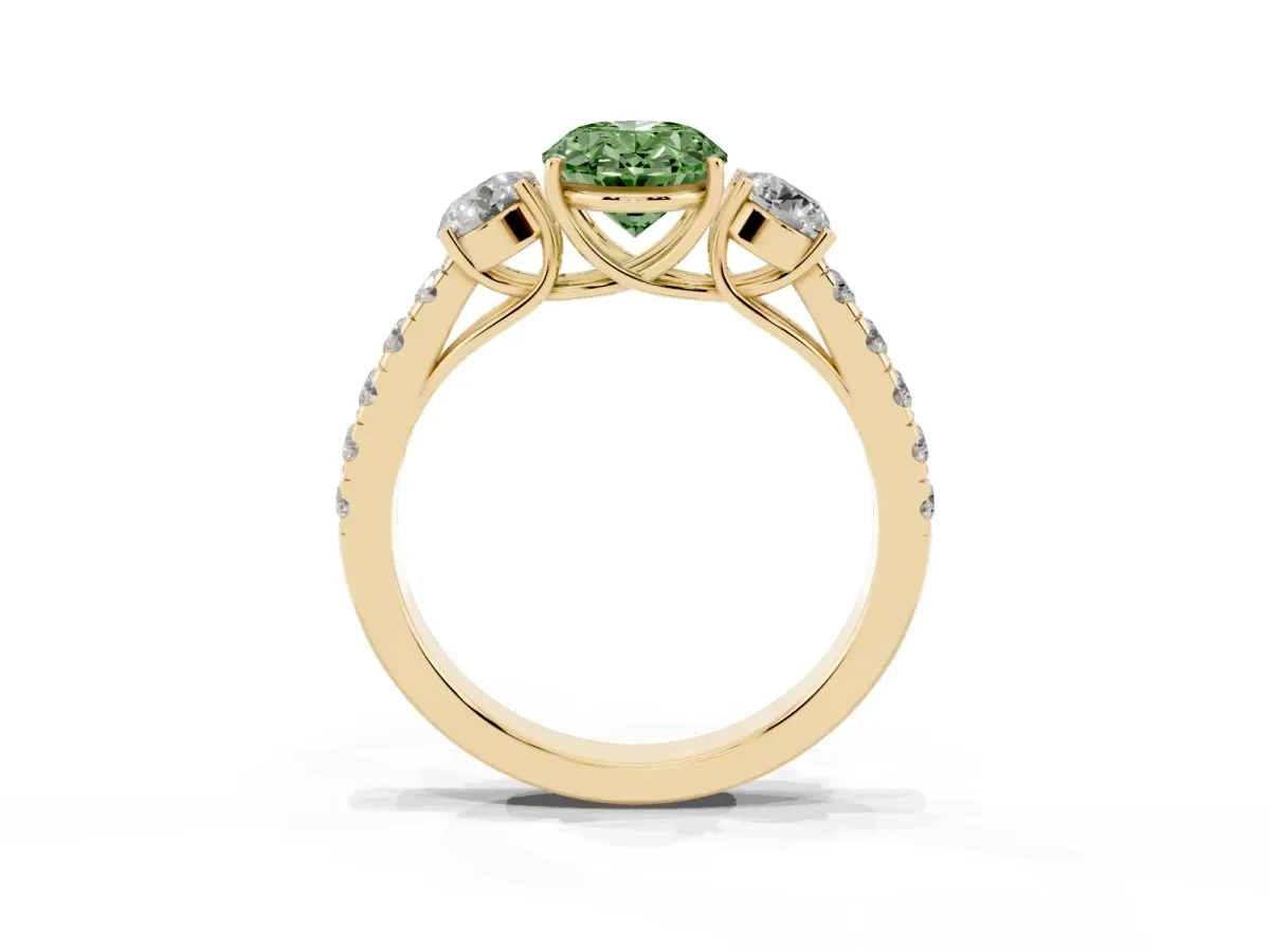 Fancy Green Oval Cut Cut Diamond Three-Stone Ring with Round Side Stones and Pavé Band Yellow gold