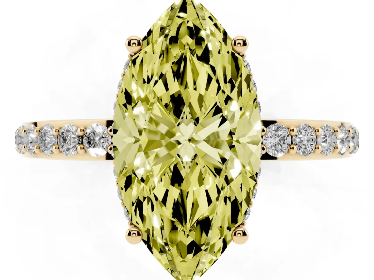 Fancy Yellow Marquise Cut Diamond Solitaire Ring with Pavé Band and Hidden Halo Yellow gold