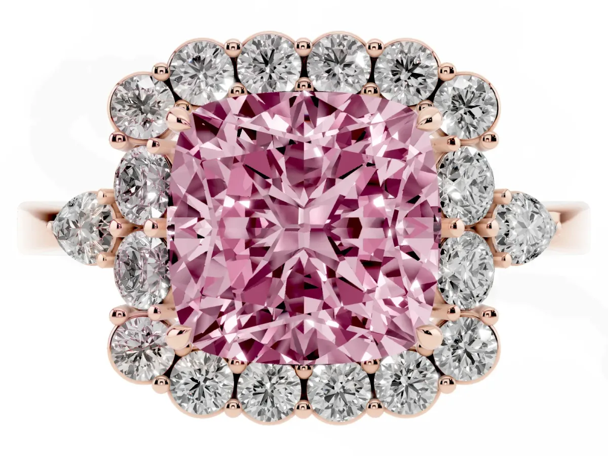 Fancy Pink Cushion Cut Diamond Halo Ring with Pear Side Stones and Prong Setting Rose gold