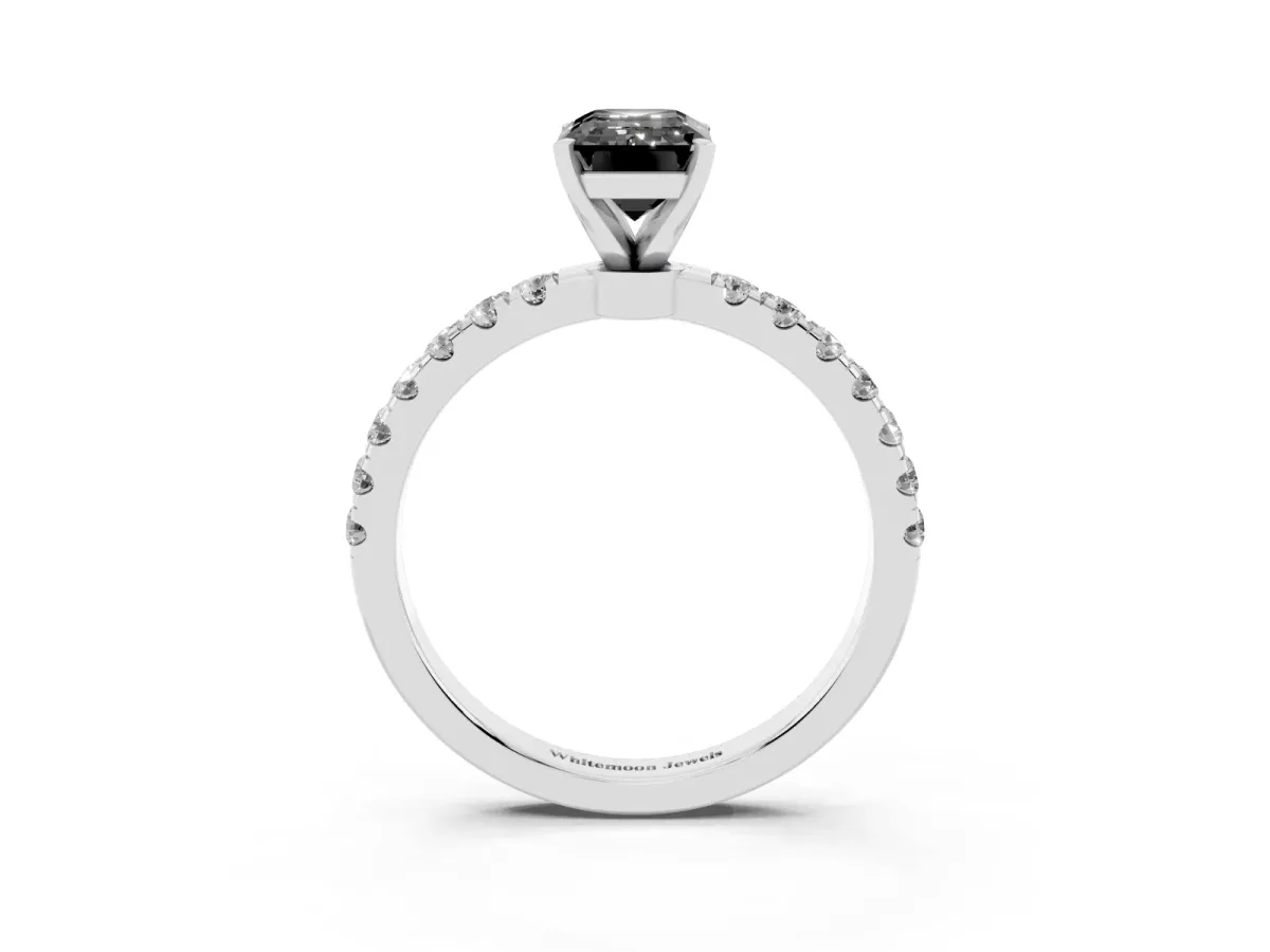Fancy Black Emerald Cut Diamond Solitaire Ring with Pavé Accents and Four-Prong Setting Silver