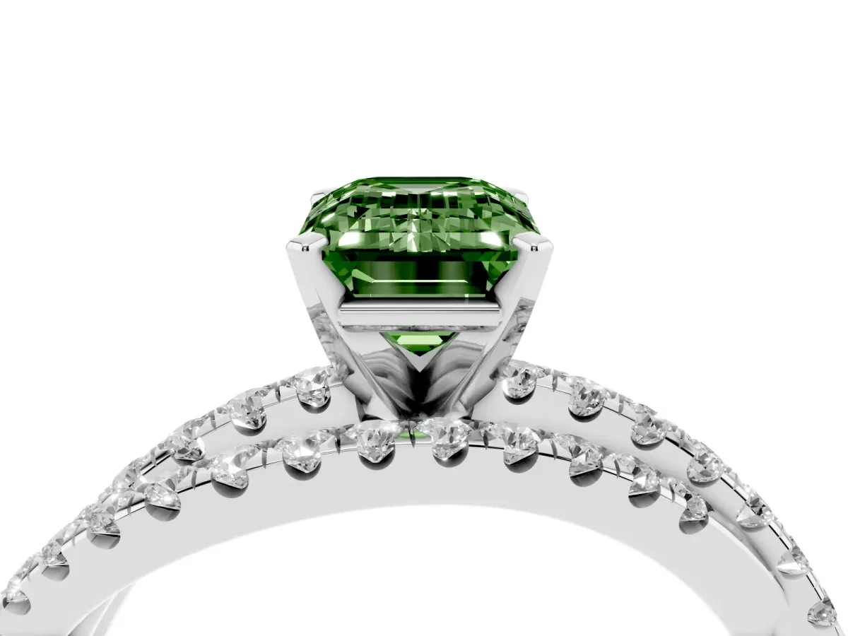 Fancy Green Emerald Cut Solitaire Twist Band with Pavé Setting and Four-Prong Setting Silver