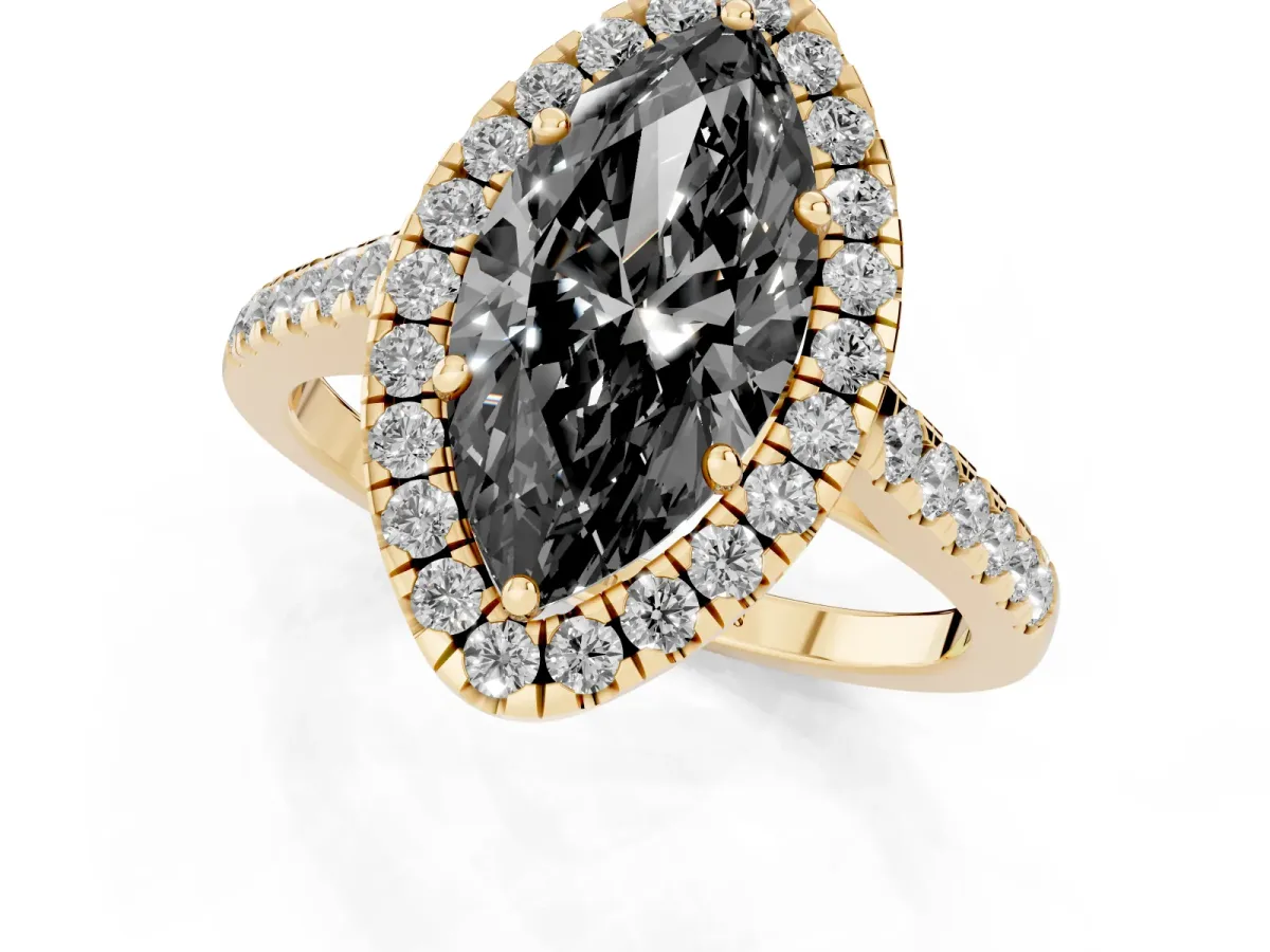Fancy Black Marquise Cut Halo Pave Diamond Engagement Ring with Four-Prong Setting Yellow gold