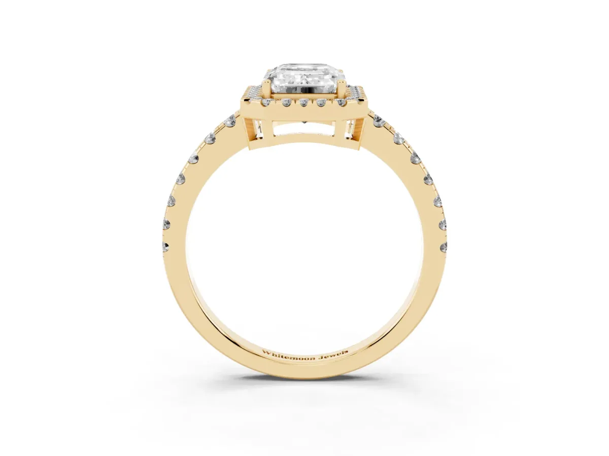 Emerald Cut Diamond Halo Ring with Pavé Band and Four-Prong Setting Yellow gold