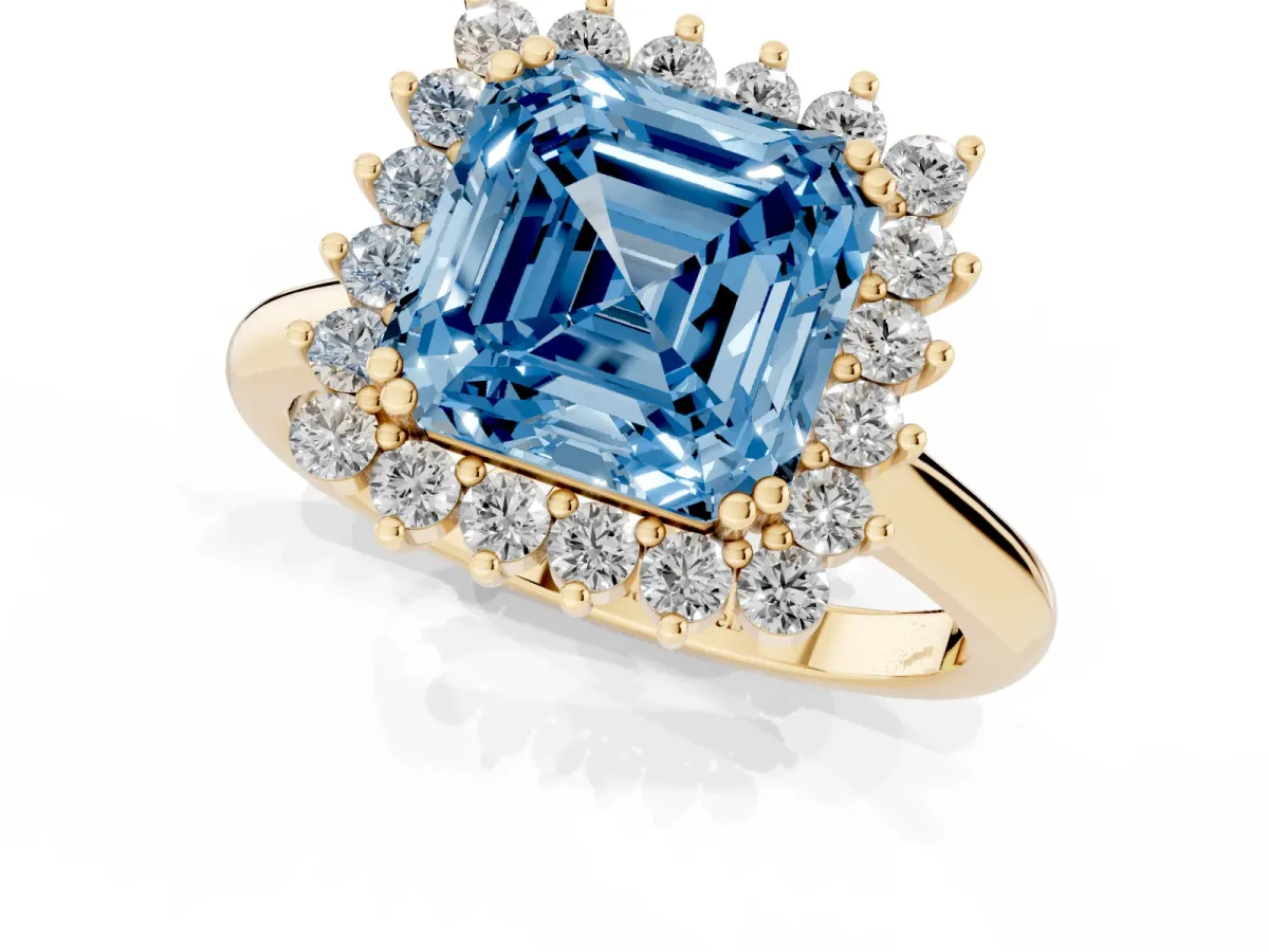 Fancy Blue Asscher Cut Cut Diamond Halo Ring with Solitaire Band and Prong Setting Yellow gold