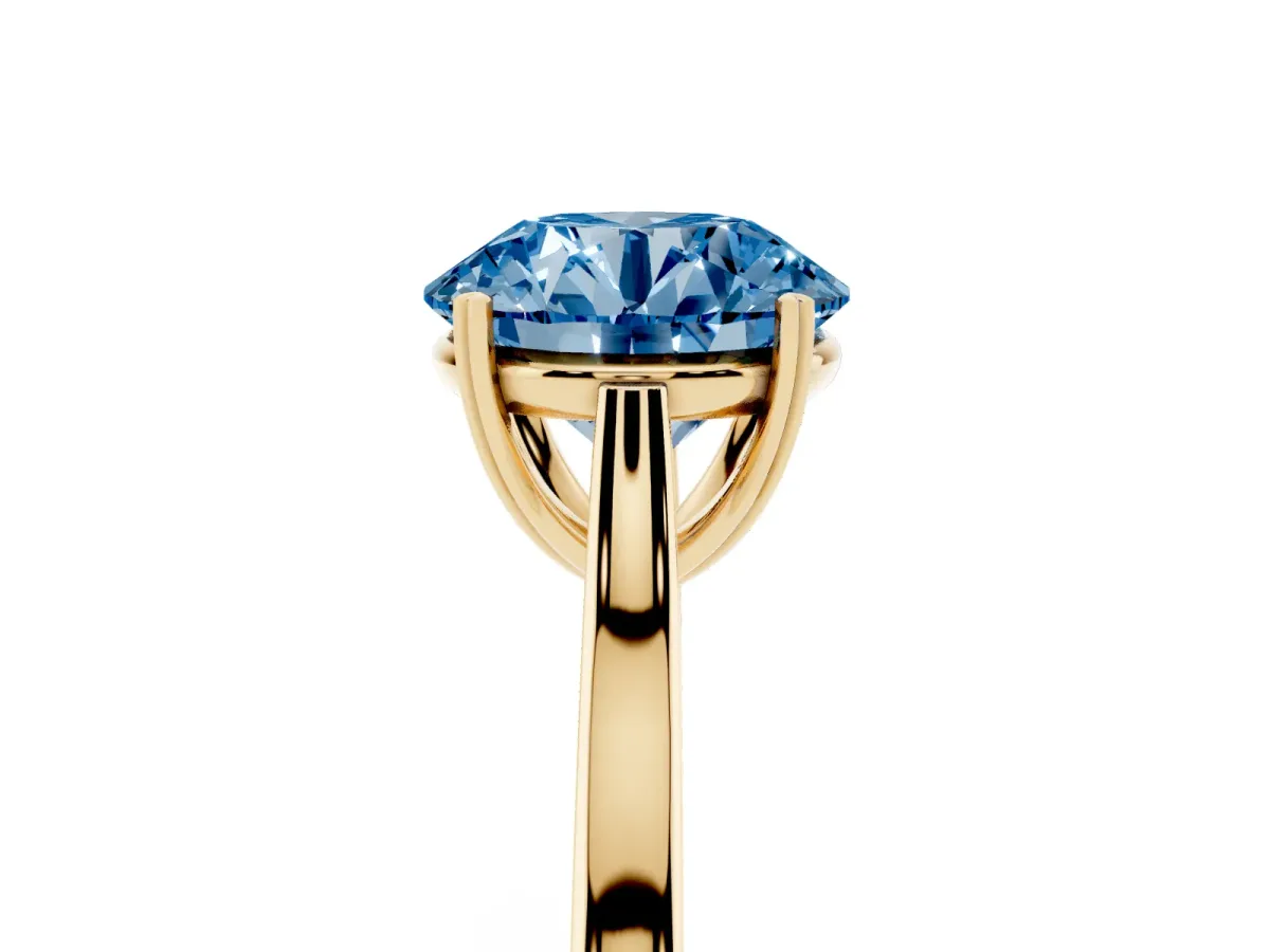 Fancy Blue Round Cut Solitaire Heart Prong Engagement Ring with Tapered Band Yellow gold