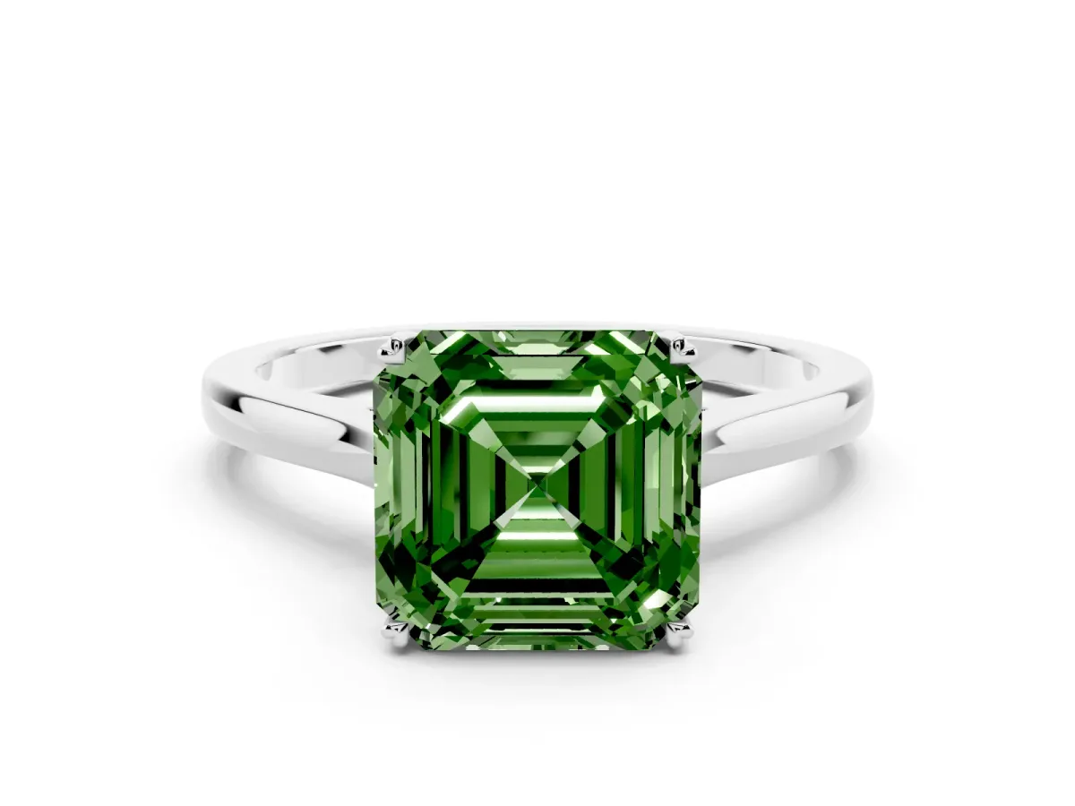 Fancy Green Asscher Cut Solitaire Heart Prong Engagement Ring with Tapered Band Silver