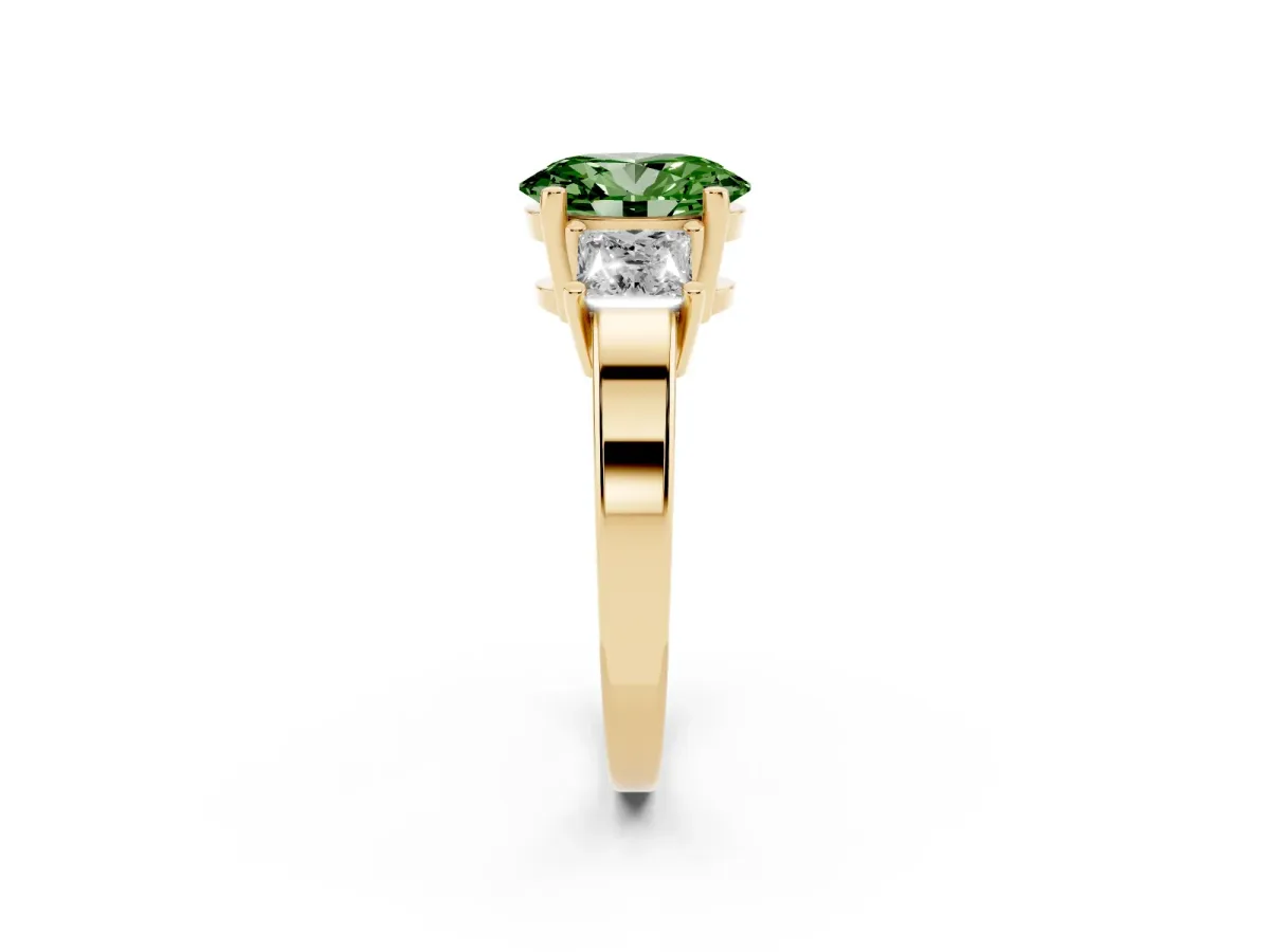 Fancy Green Three-Stone Oval Cut Cut Solitaire Ring with Prong Setting Yellow gold