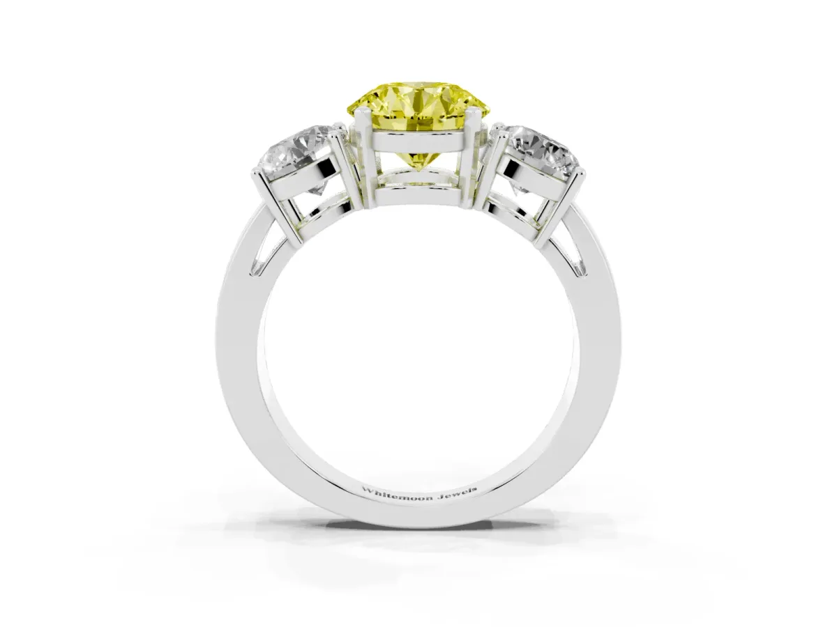 Fancy Yellow Three-Stone Round Cut Diamond Ring with Round Side Stones, Classic Band, and Four-Prong Setting White gold