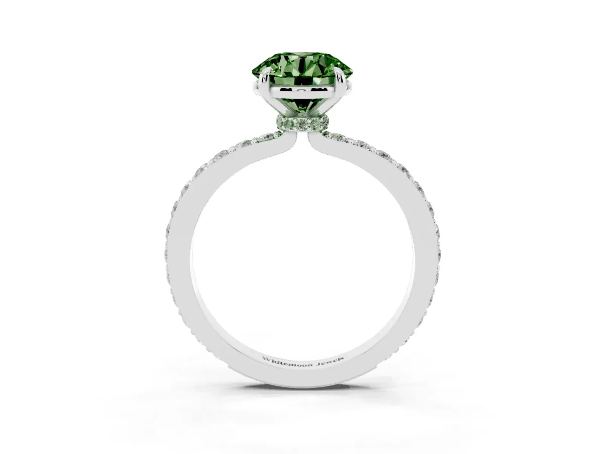 Fancy Green Round Cut Diamond Pavé Engagement Ring with Round Accents and Prong Setting Silver