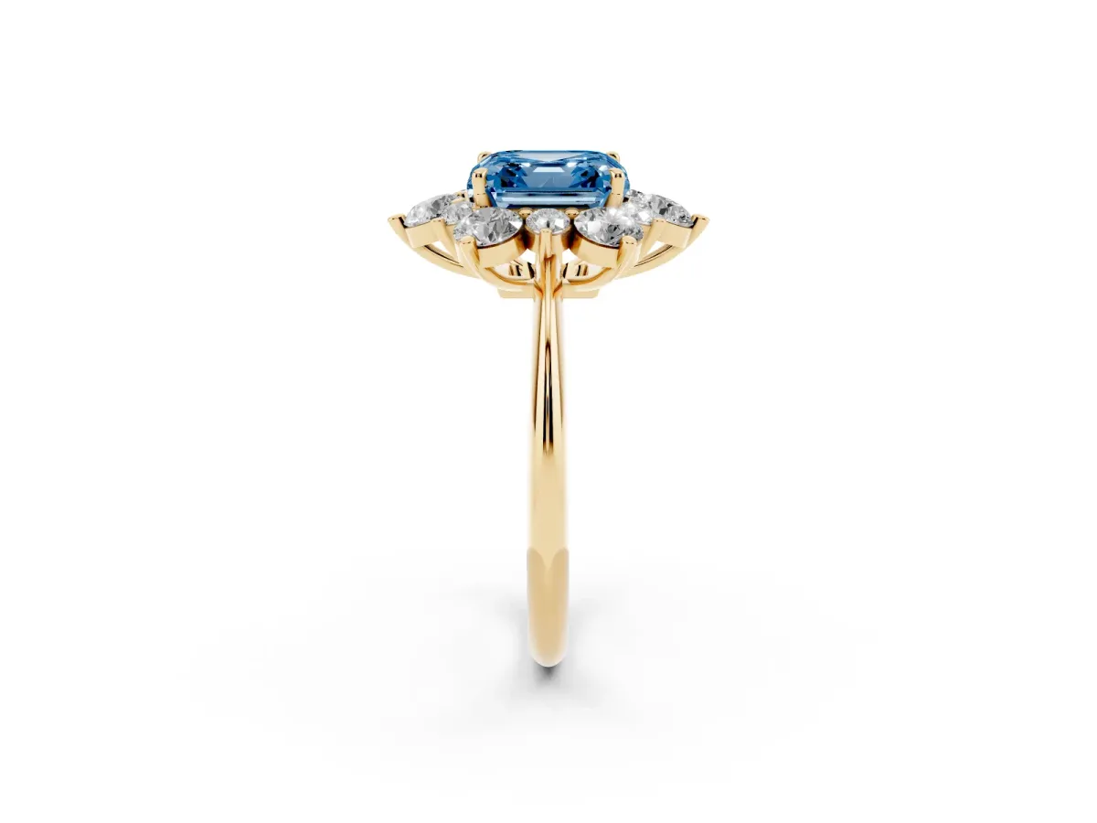 Fancy Blue Asscher Cut Diamond Cluster Halo Ring with Solitaire Band and Four-Prong Setting Yellow gold