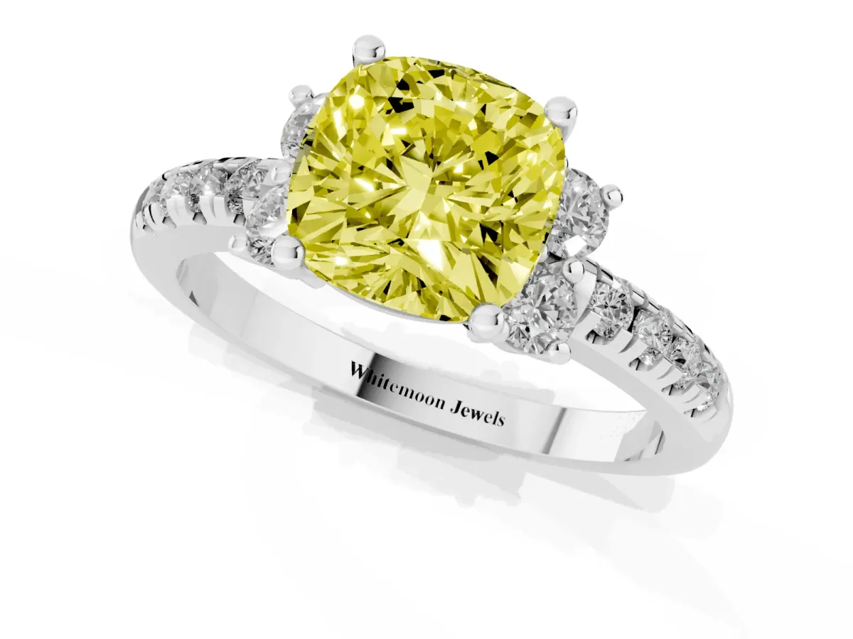 Fancy Yellow Cushion Cut Diamond Three-Stone Pave Band with Four-Prong Setting Silver